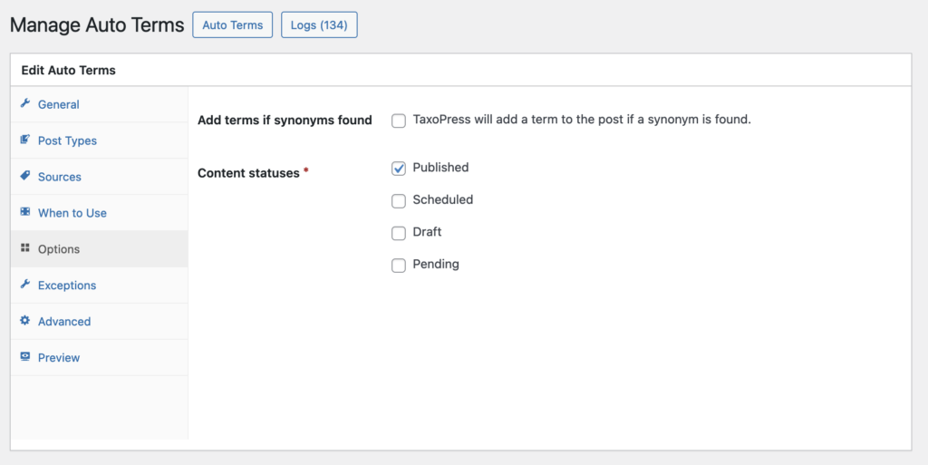 Manage Auto Terms options