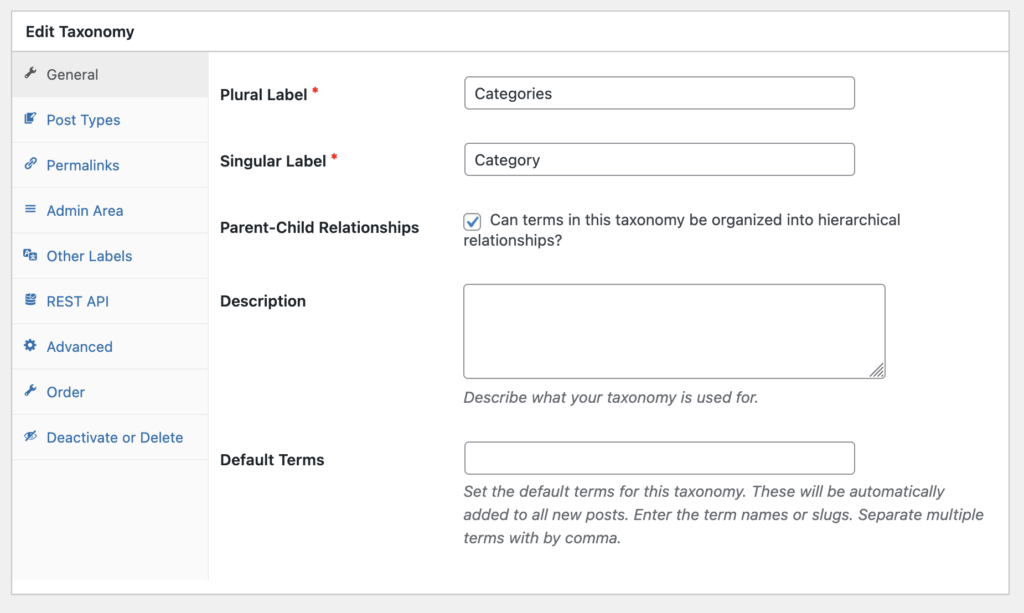 Edit taxonomy screen