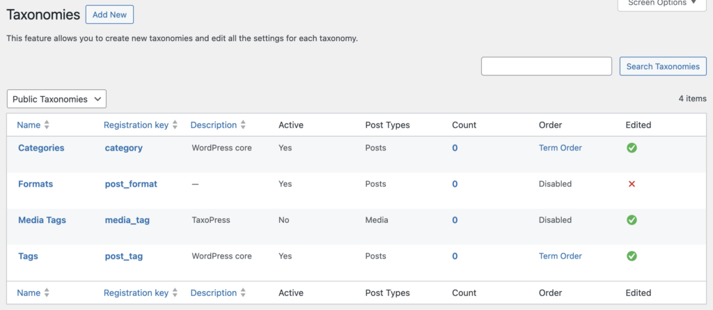 Edit taxonomies Screen