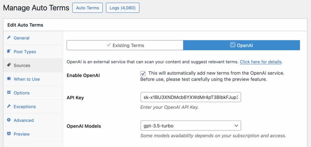 OpenAI Key in TaxoPress in Auto Terms