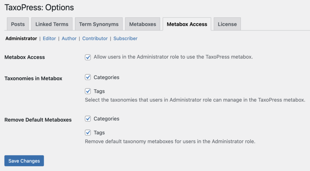 Metabox Access feature in TaxoPress