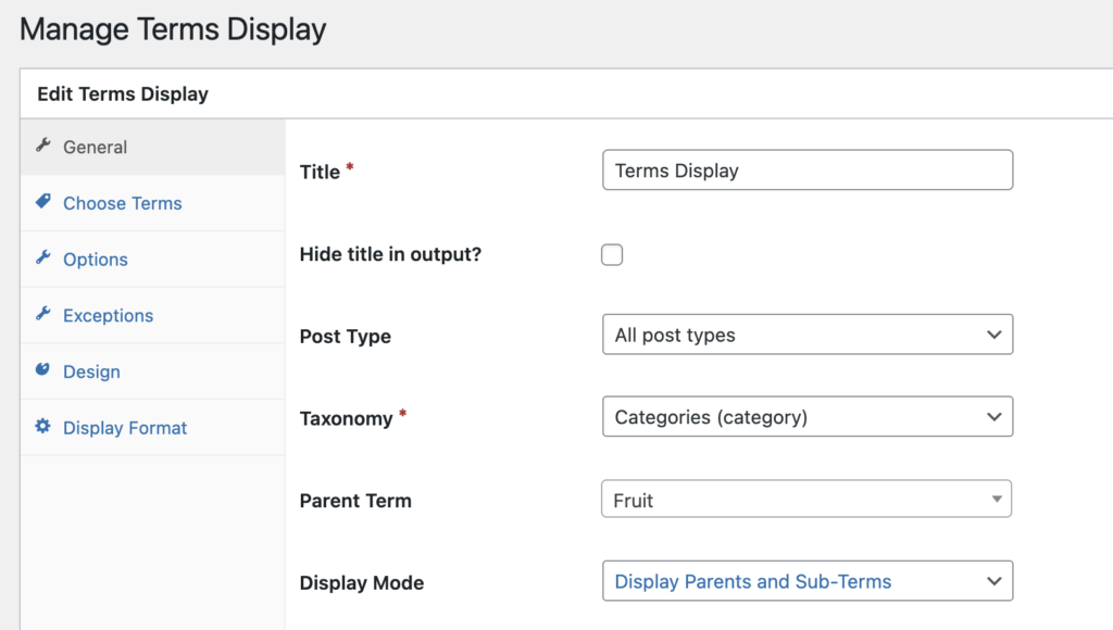 Terms Display area with parent terms in TaxoPress