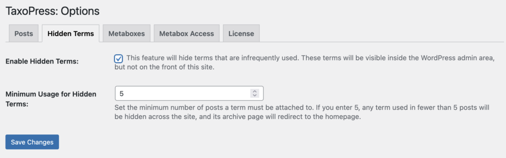 Hidden Terms feature in TaxoPress