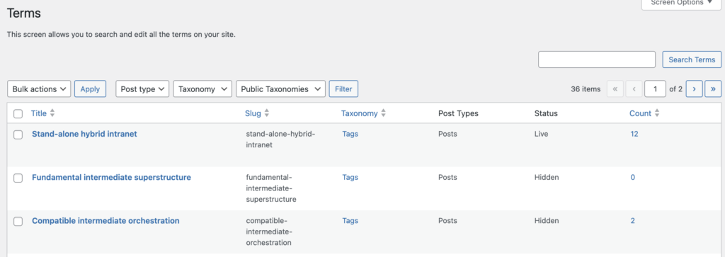 Terms screen and the Hidden Terms feature in TaxoPress