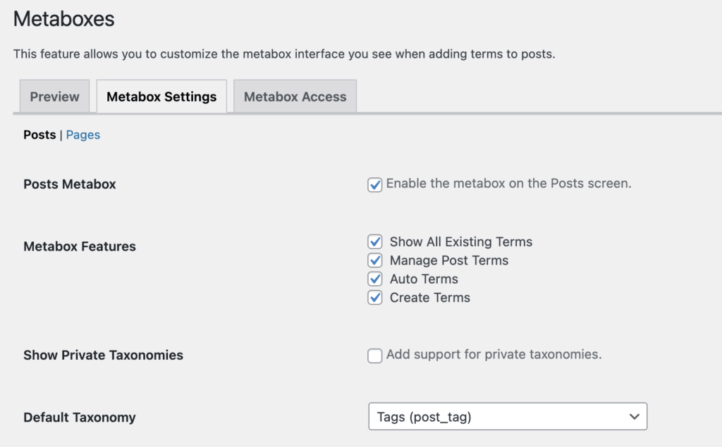 Metabox Settings tab