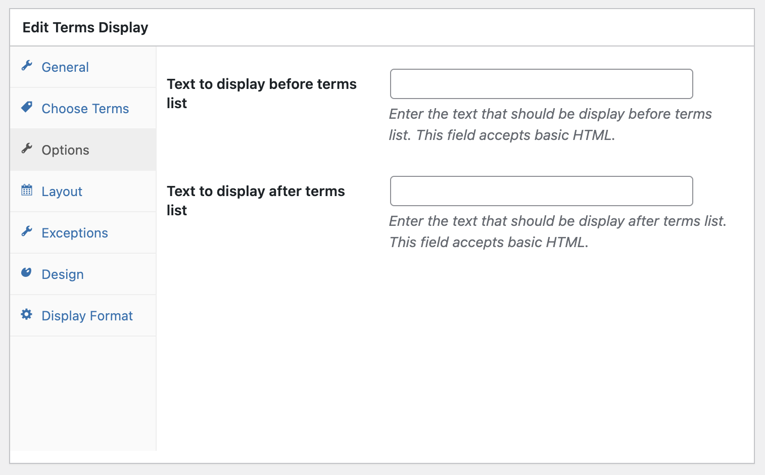 Terms to Display options