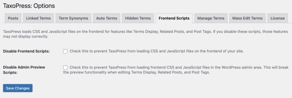 Frontend Scripts feature in TaxoPress